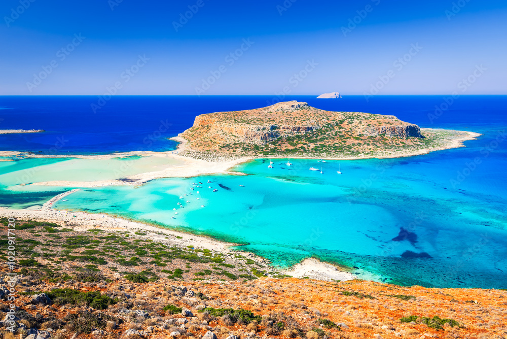 Crete, Greece. Amazing landscape with Balos Lagoon beach and Gramvousa island, Aegean Sea beautiful summer holiday.