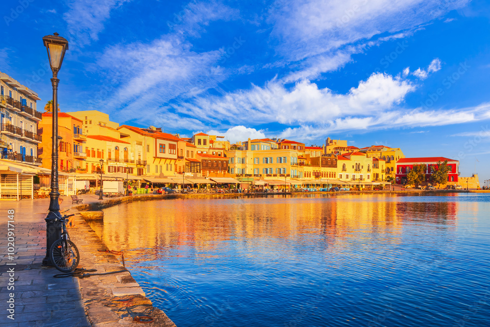 Chania, Crete. Beautiful Greece and best scenic places - panorama of picturesque old Venetian Harbor in town of Chania.