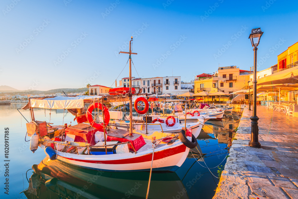 Rethymno, Crete - Greece. Morning view of the old venetian harbor at sunrise.