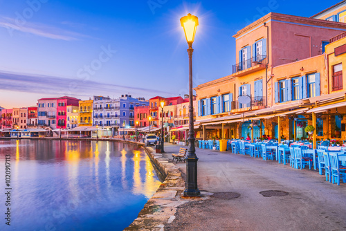 Obraz na płótnie Crete, Greek Islands.. Beautiful Greece and best scenic places - Chania, panorama of picturesque old Venetian Harbor. w salonie