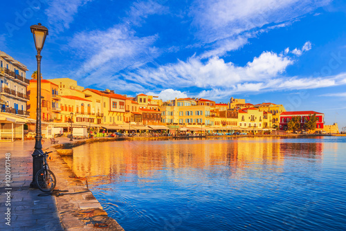 Chania, Crete. Beautiful Greece and best scenic places - panorama of picturesque old Venetian Harbor in town of Chania.