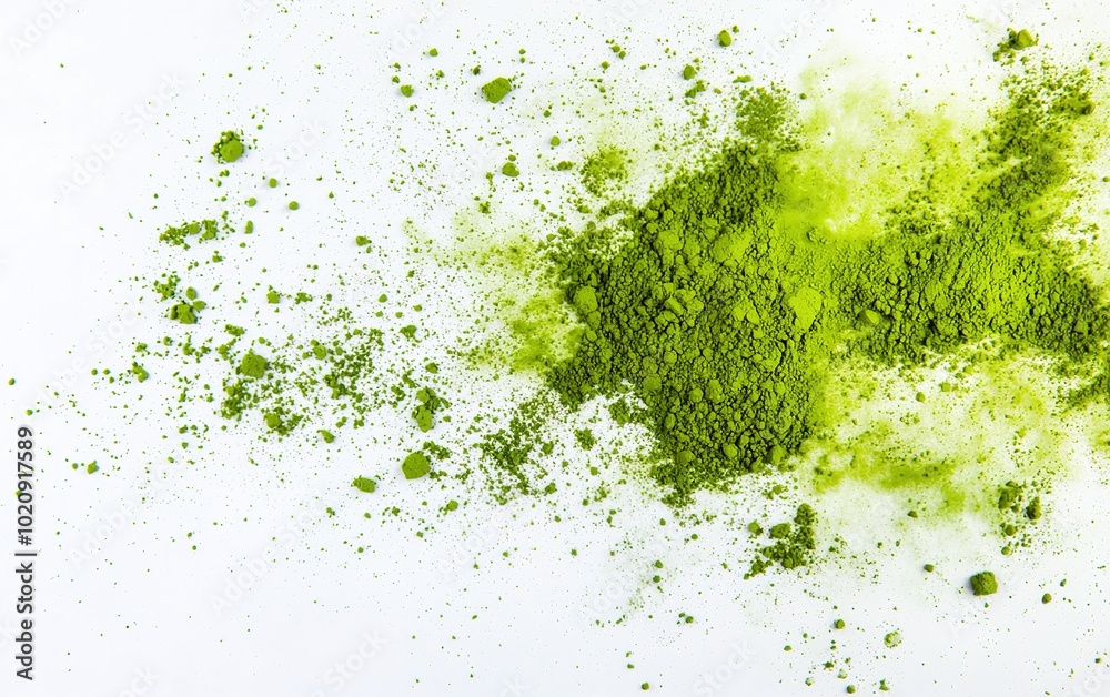 Vibrant green powder splattered on a white surface representing natural pigments or culinary herbs in a well-lit setting Vibrant green powder splattered on a white surface representing natural pigments or culinary herbs in a well-lit setting