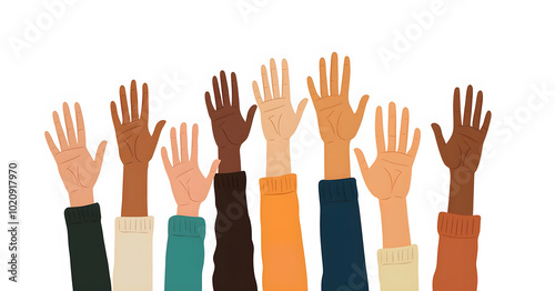 Diverse hands raised in the air, a vector illustration of diverse human skin tones reaching up together on a white background. Conceptual design for a diversity or unity theme.