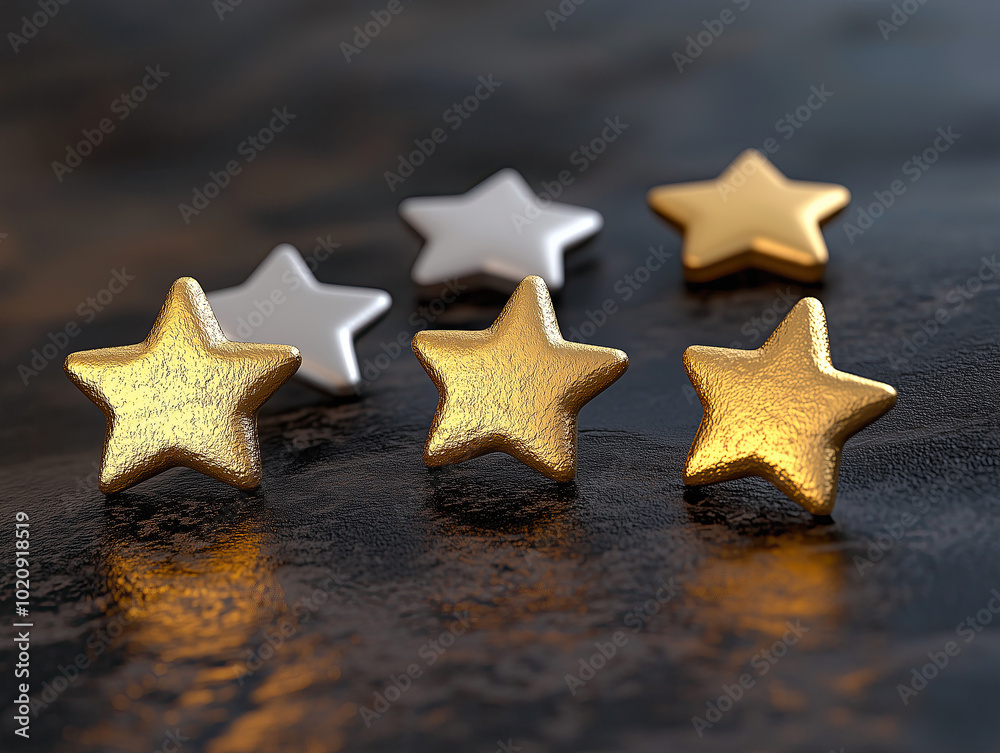 Three gold stars are placed on a black surface Three gold stars are placed on a black surface