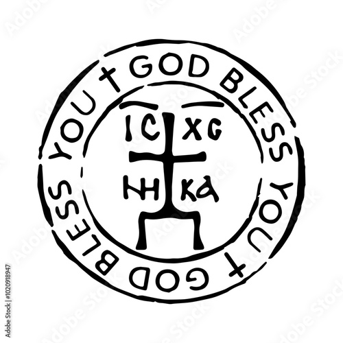 God Bless You. Jesus Christ Nika. Religious round stamp