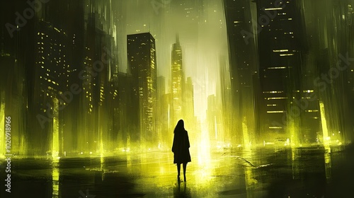 Solitary Figure in Glowing Futuristic Metropolis with Towering Skyscrapers