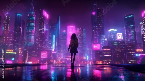 Futuristic cityscape with neon-lit skyscrapers reflecting in calm waters at night