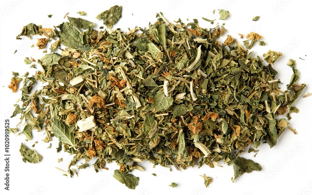 Dried herbs and spices mixture spread on a white surface showcasing vibrant colors and textures Dried herbs and spices mixture spread on a white surface showcasing vibrant colors and textures