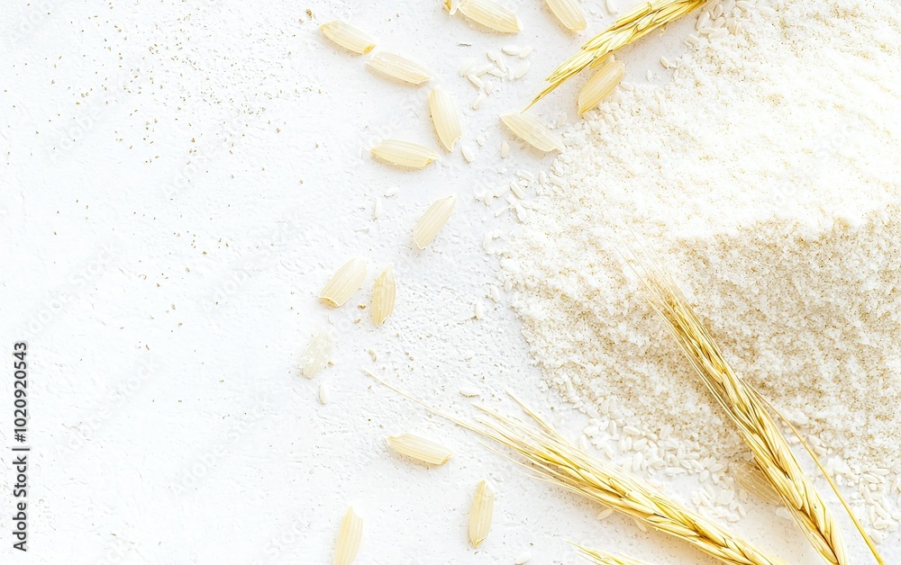 Rice grains and flour with stalks arranged on a white surface for a natural and culinary display Rice grains and flour with stalks arranged on a white surface for a natural and culinary display
