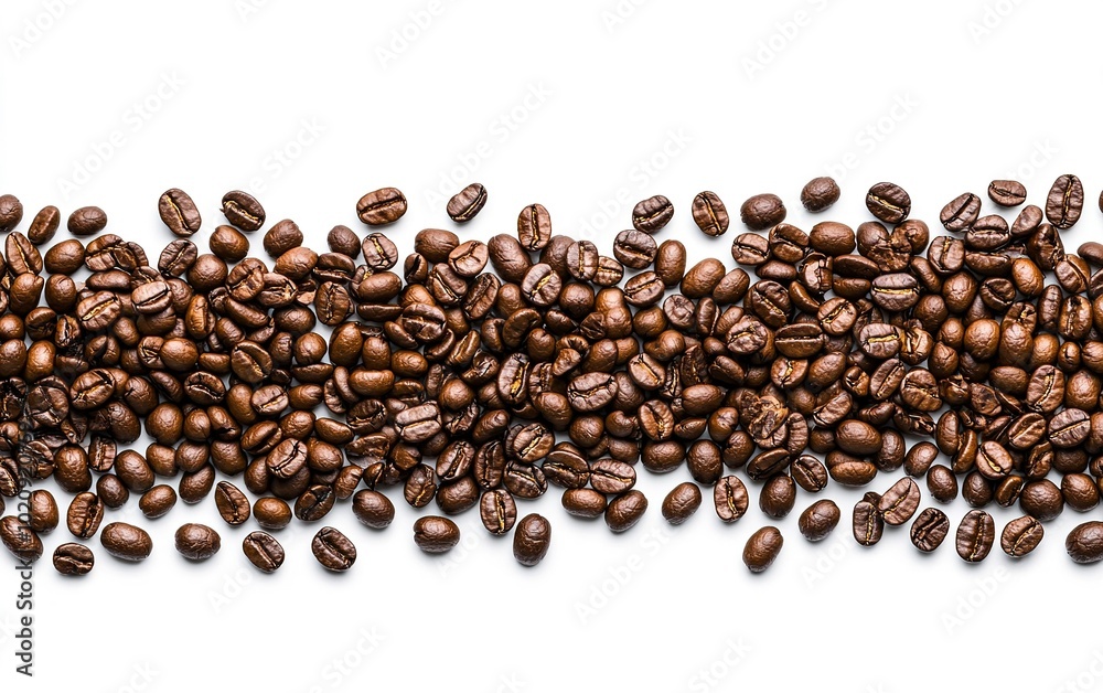 Freshly roasted coffee beans scattered across a clean white surface, creating an inviting scene for coffee lovers and connoisseurs Freshly roasted coffee beans scattered across a clean white surface, creating an inviting scene for coffee lovers and connoisseurs