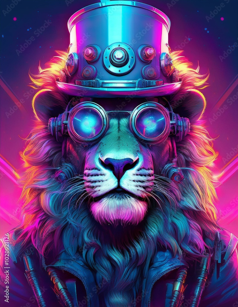 Fototapeta premium Cyberpunk lion with huge glasses and futuristic steampunk hat in sci-fi dystopia style, high contrast, hyper realistic, fantasy, bright colors, neon, purple, pink, blue