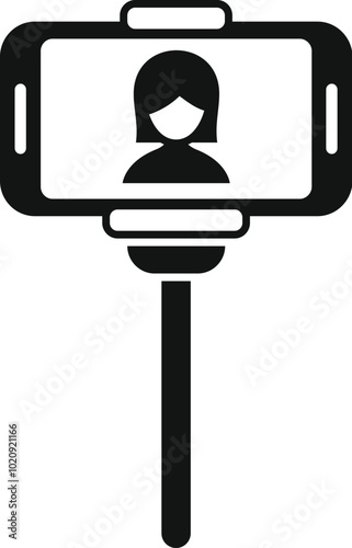 Simple vector icon of a woman taking a selfie with her smartphone on a monopod