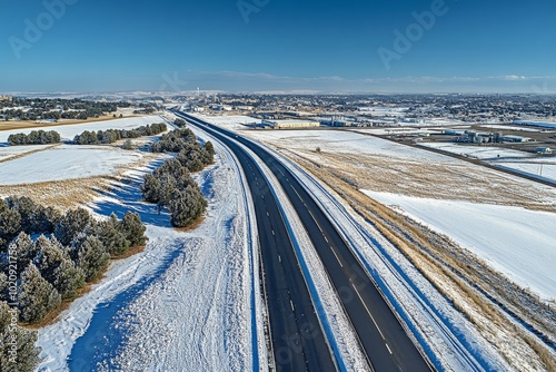 The highway in California is crowded after a snowstorm. Trucks and cars are traveling on the interstate along mountains and deserts.