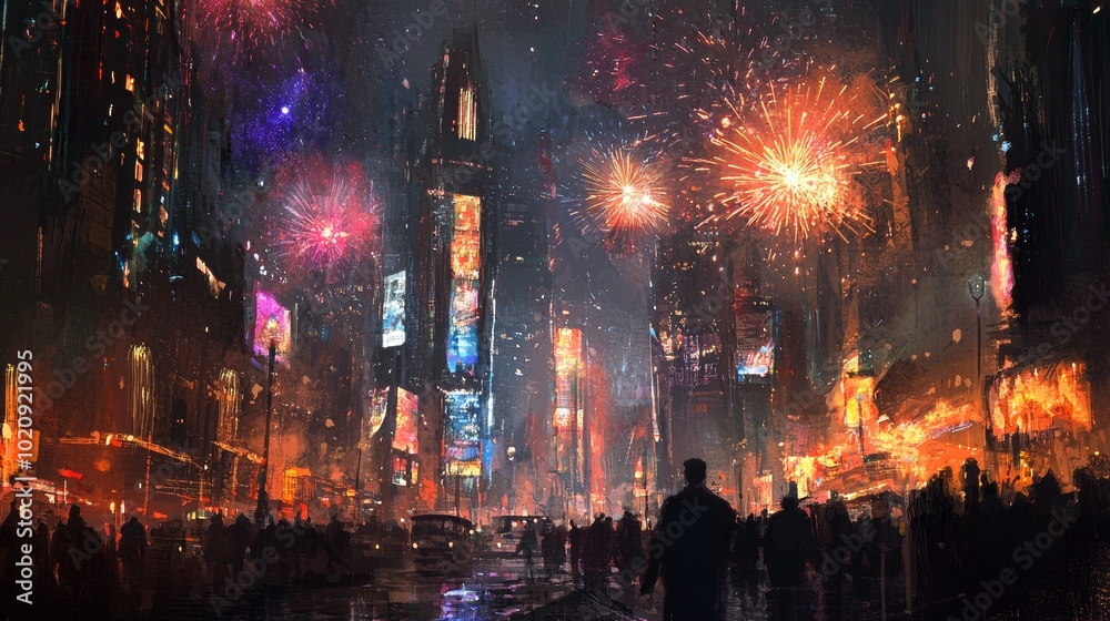 Vibrant cityscape with fireworks lighting up the sky Vibrant cityscape with fireworks lighting up the sky