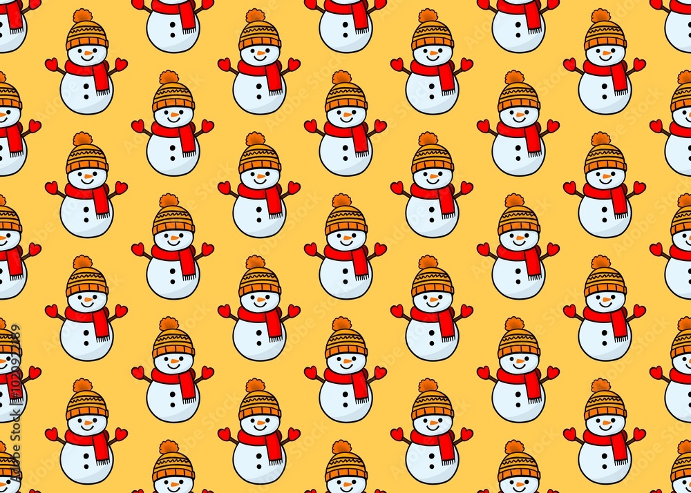 Fototapeta premium Winter pattern with a snowman on a yellow background. Set with a snowman. Snowman in a hat and scarf.