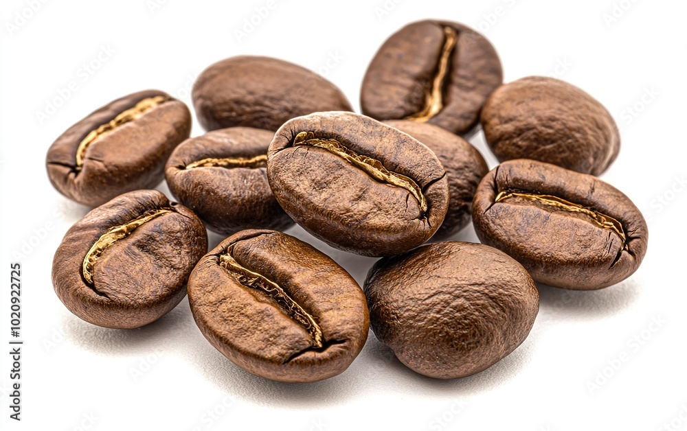 Freshly roasted coffee beans arranged on a clean surface, showcasing their rich brown color and shiny surface texture Freshly roasted coffee beans arranged on a clean surface, showcasing their rich brown color and shiny surface texture