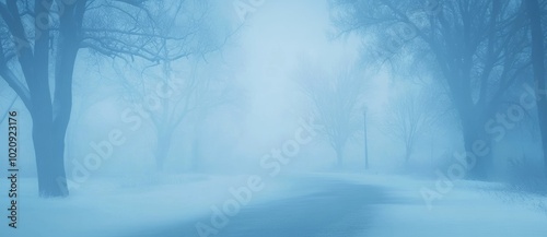 A snowy winter highway has limited visibility due to fog photo