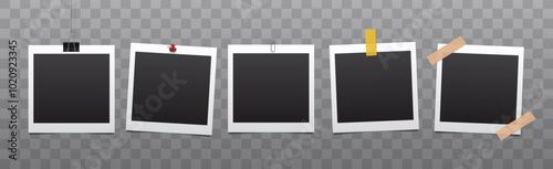 Set of square Hanging, attached and glued photo frames. Vector template collection
