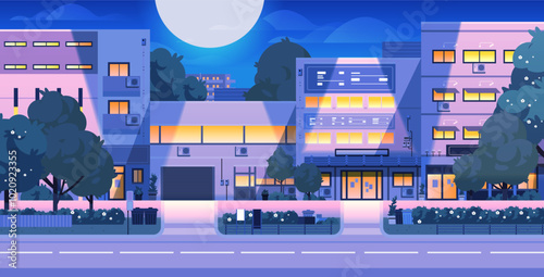Night Asian summer city landscape. Illuminated street with building and trees. Vector background for game