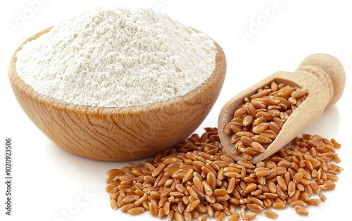 Whole wheat flour in a wooden bowl with scattered grains and a scoop on a white background