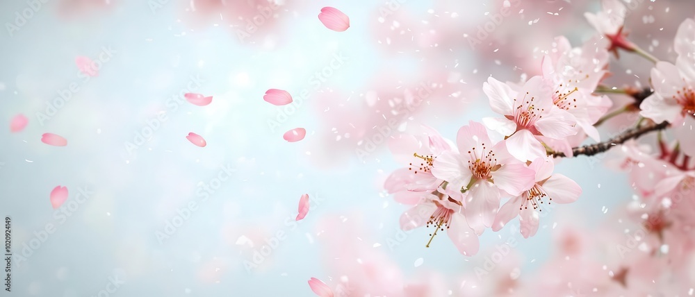 Beautiful cherry blossoms with petals falling against a soft blue background. Beautiful cherry blossoms with petals falling against a soft blue background.