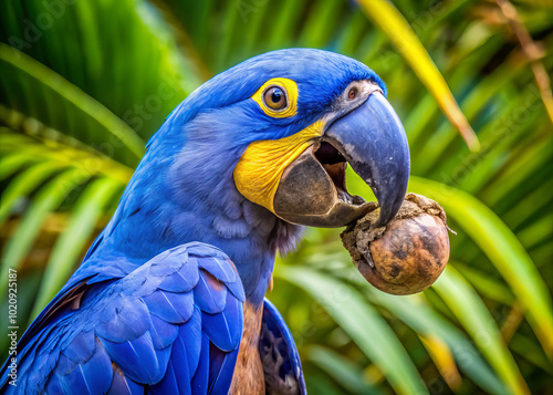 vibrant hyacinth macaw holds palm nut in its powerful beak, showcasing its striking blue feathers against lush green background. This majestic bird exudes strength and beauty photo