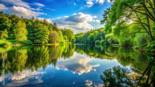 A serene and peaceful background of a tranquil lake surrounded by lush green trees , nature, landscape, water, trees