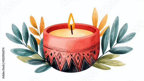 decorative candle in vibrant holder surrounded by green and orange leaves creates warm and inviting atmosphere. This boho inspired design adds touch of elegance to any space