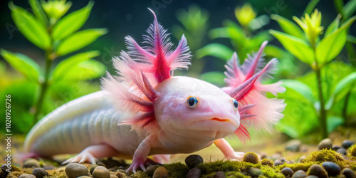 Axolotl with feathery pink gills in vibrant aquarium setting, showcasing its unique features and lively environment. This aquatic creature captivates with its striking appearance and playful