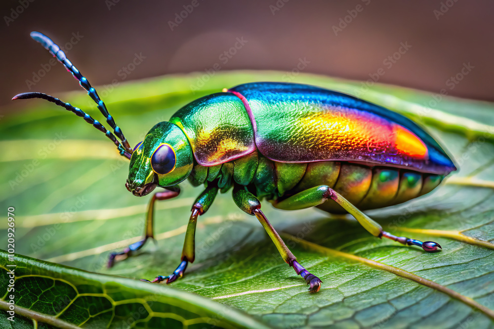 vibrant jewel bug with iridescent exoskeleton rests on green leaf, showcasing its stunning colors and intricate details. This tropical insect captivates with its unique appearance and natural beauty vibrant jewel bug with iridescent exoskeleton rests on green leaf, showcasing its stunning colors and intricate details. This tropical insect captivates with its unique appearance and natural beauty