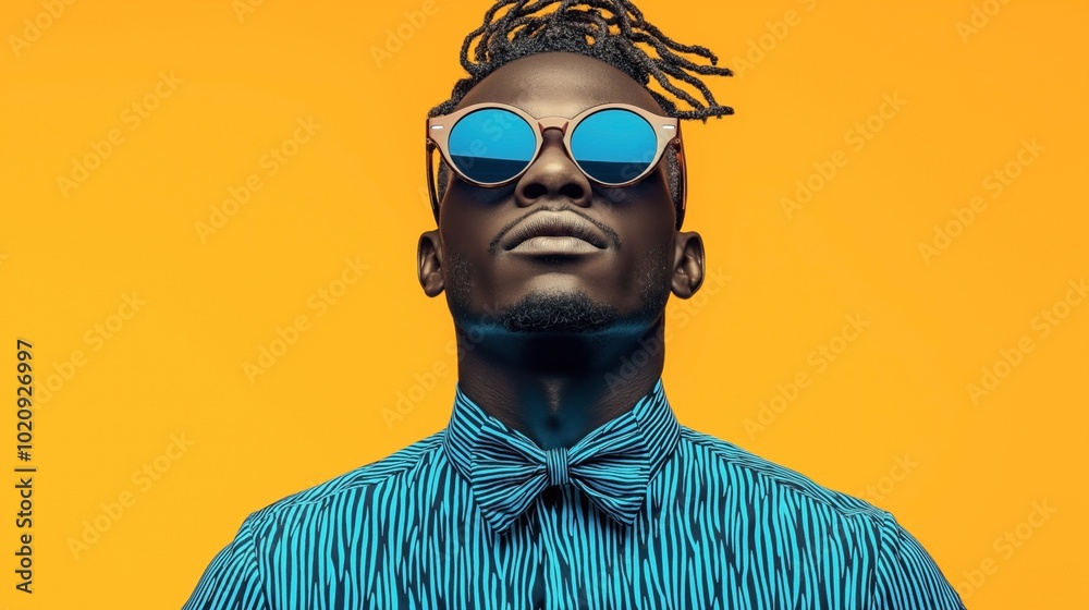 Stylish man in patterned shirt and sunglasses with mirrored lenses against vibrant yellow background Stylish man in patterned shirt and sunglasses with mirrored lenses against vibrant yellow background
