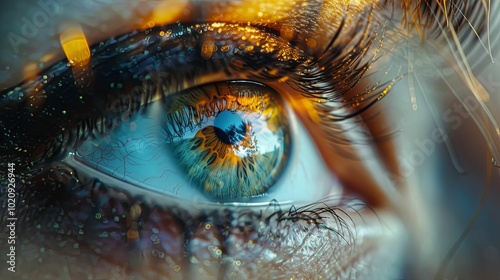 A Close-Up of a Human Eye with a Reflected Image of Trees and Sky photo