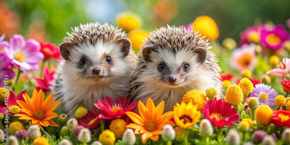 Charming hedgehogs nestled among bright blooming flowers create delightful scene filled with vibrant colors and joyful expressions. This enchanting moment captures beauty of nature Charming hedgehogs nestled among bright blooming flowers create delightful scene filled with vibrant colors and joyful expressions. This enchanting moment captures beauty of nature