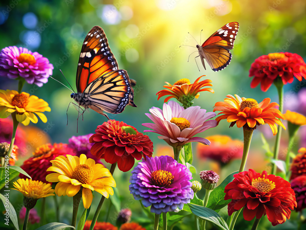 Vibrant butterflies flitting among bright flowers create stunning scene of natures beauty. colorful blooms and delicate wings evoke sense of joy and tranquility