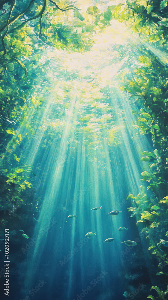Obraz premium Ethereal Underwater Scene with Sunlight and Fish