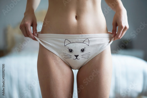 young woman showing her funny panties with cat face printed on it while undressing in bedroom photo