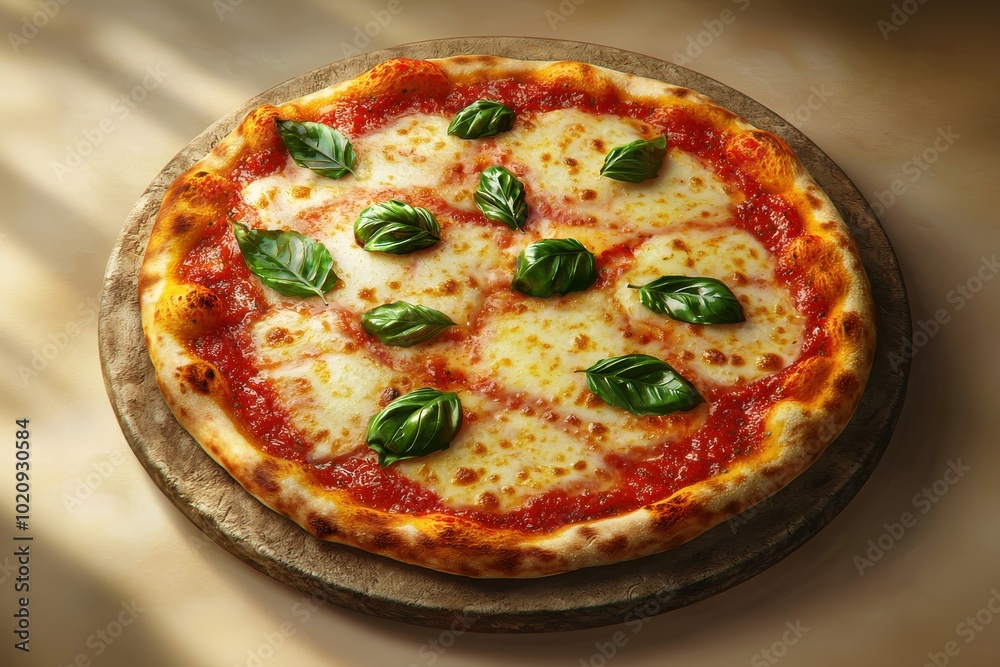 Classic Margherita Pizza with Fresh Basil and Mozzarella on Stone Plate, Ai Generation