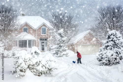 An old man shovels snow in the Midwest