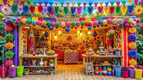 Colorful and cute booth filled with vibrant displays and decorations , colorful, cute, booth, colorful booth, vibrant, displays