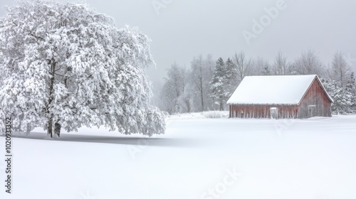 White Christmas concept with heavy snowfall in Storsjö (Sweden, Jämtland, Härjedalen, Lapland). A small wooden cabin and spruce trees with thick snow flakes. Copy space included.