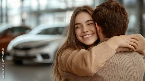 Young Couple Embracing in Outdoor City Setting with Parked Cars