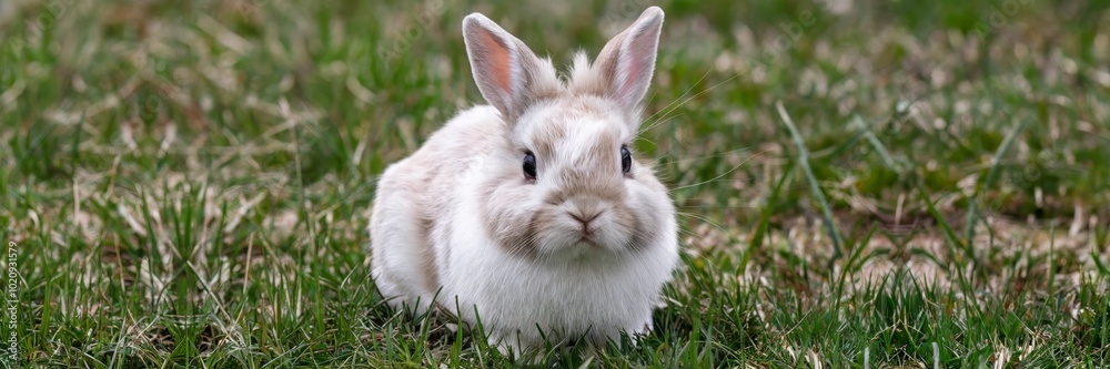 Fluffy bunny resting in green grass outdoors Fluffy bunny resting in green grass outdoors