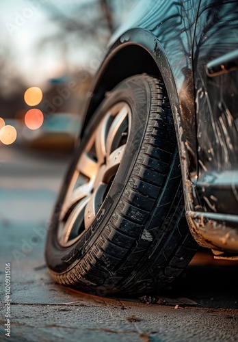 damaged car wheel close up.