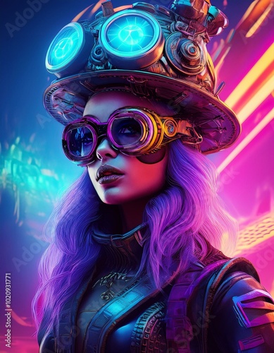 Cyberpunk ara with huge glasses and futuristic steampunk hat in sci-fi dystopia style, high contrast, hyper realistic, fantasy, bright colors, neon, purple, pink, blue