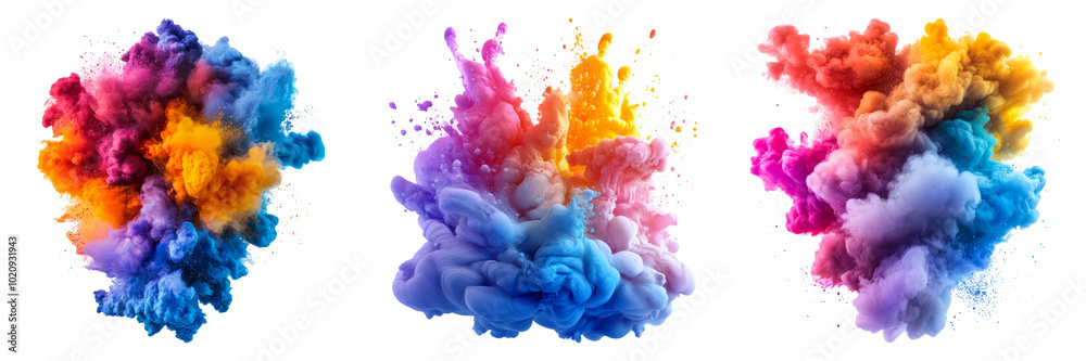 Fototapeta premium Top view colorful powder explosion isolated on transparent PNG background ideal for art-themed illustrations or creative visuals
