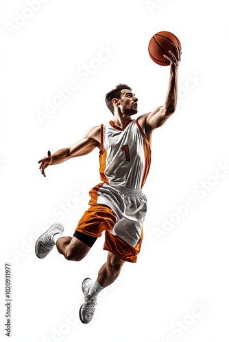 A basketball player is in mid-air, jumping to catch a basketball. Concept of athleticism and determination, as the player is focused on the ball and his goal of making the shot