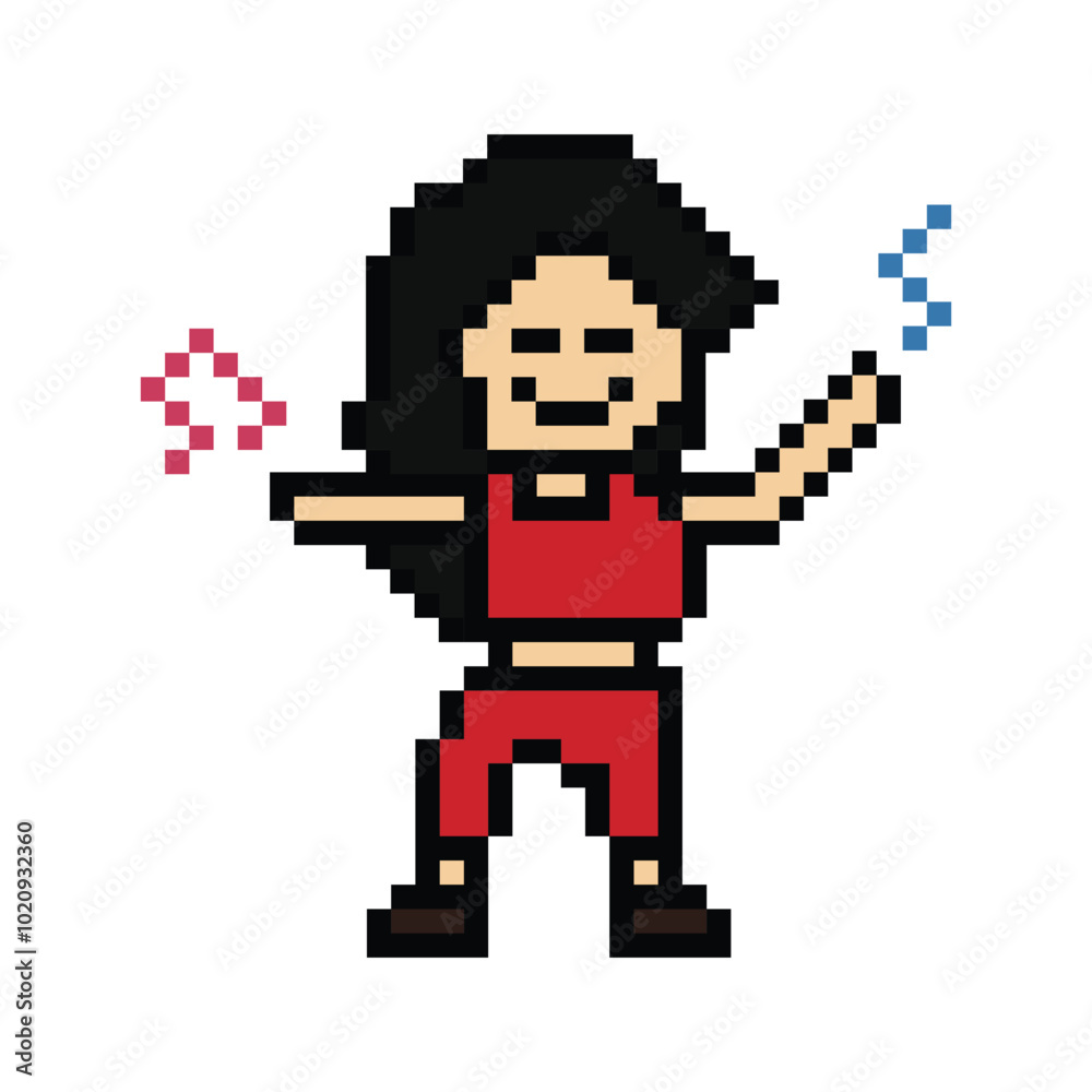 Obraz premium Cute cartoon pixel character cute woman exercises training dance lifestyle music decoration life style 8 bit female girl dance with music game fitness isolated PNG vector.
