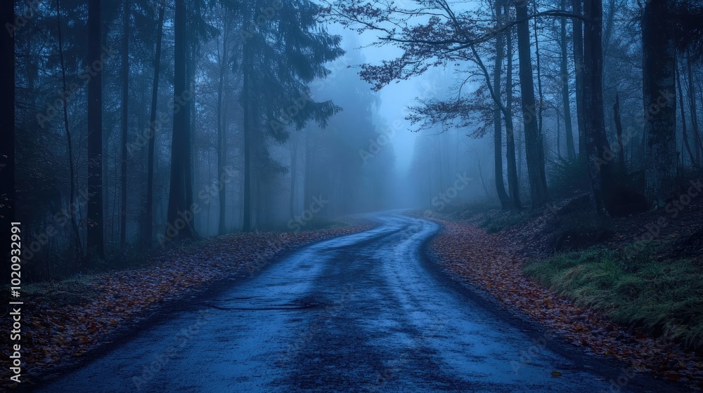 Obraz premium misty twilight forest road