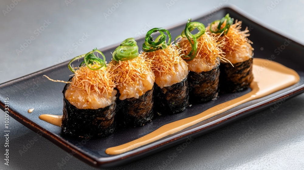 A delicious sushi platter featuring rolled sushi topped with crispy garnishes and drizzled with sauce, served on a sleek black plate. A delicious sushi platter featuring rolled sushi topped with crispy garnishes and drizzled with sauce, served on a sleek black plate.