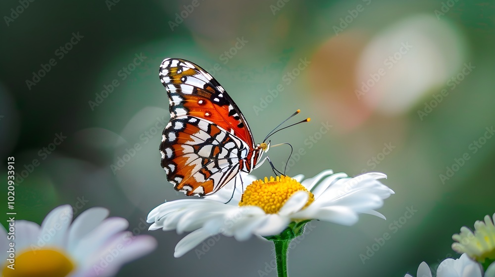 Fototapeta premium Colorful Butterfly on White Daisy Flower